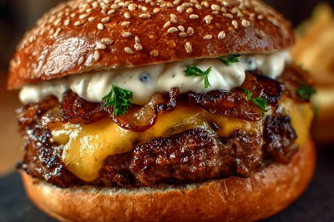 Delicious Smash Burger topped with easy sauce on a rustic wooden table