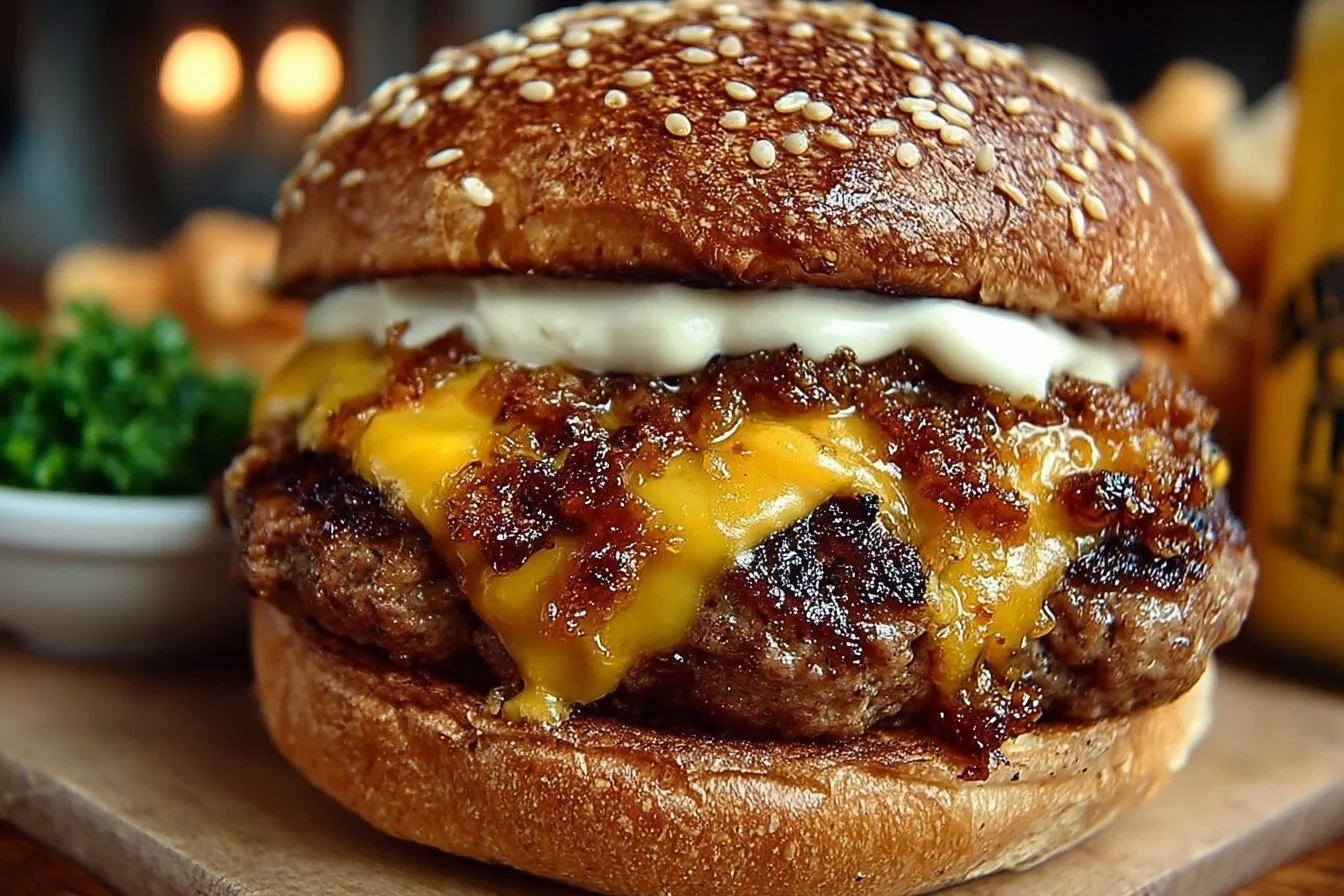 Delicious Smash Burger topped with Easy Sauce ready to serve on a plate