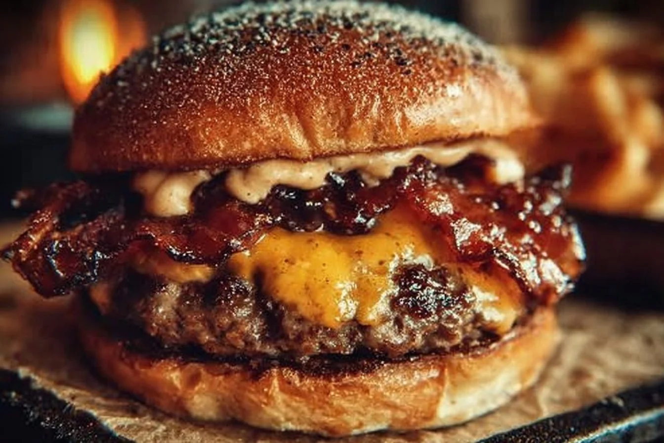 Delicious smash burgers topped with baconnaise, served on a rustic wooden table.