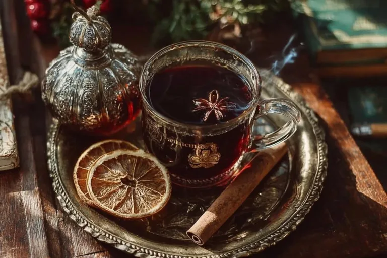 A beautifully served Smoking Bishop, a traditional mulled wine for winter gatherings.