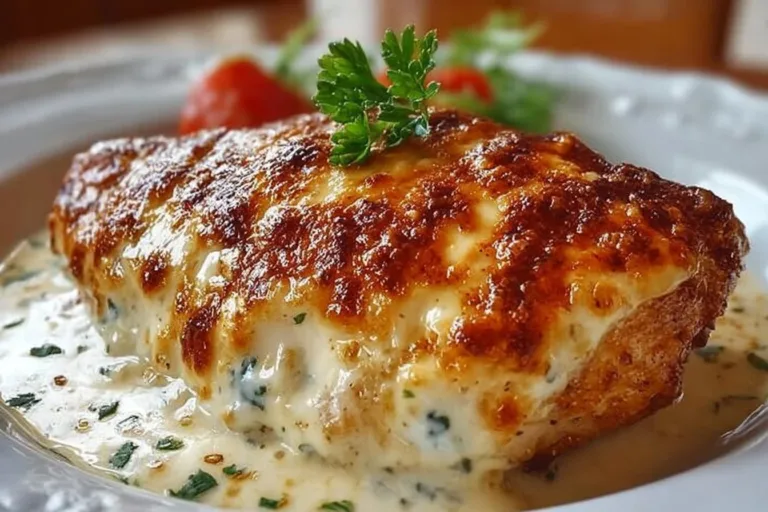 Cheesy sour cream chicken topped with melted cheese and sour cream sauce
