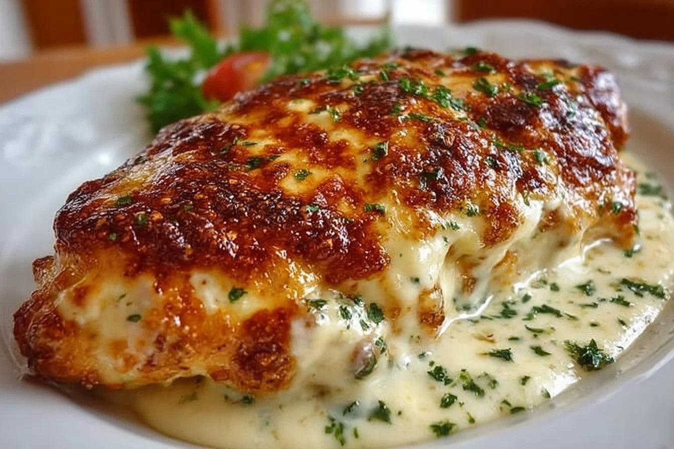 Delicious smothered cheesy sour cream chicken dish served with herbs.