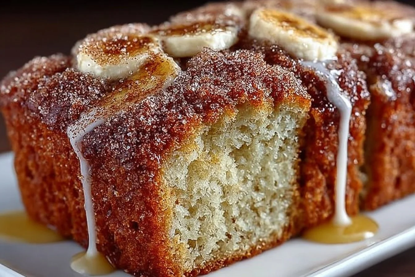 Delicious slice of snickerdoodle banana bread topped with cinnamon sugar