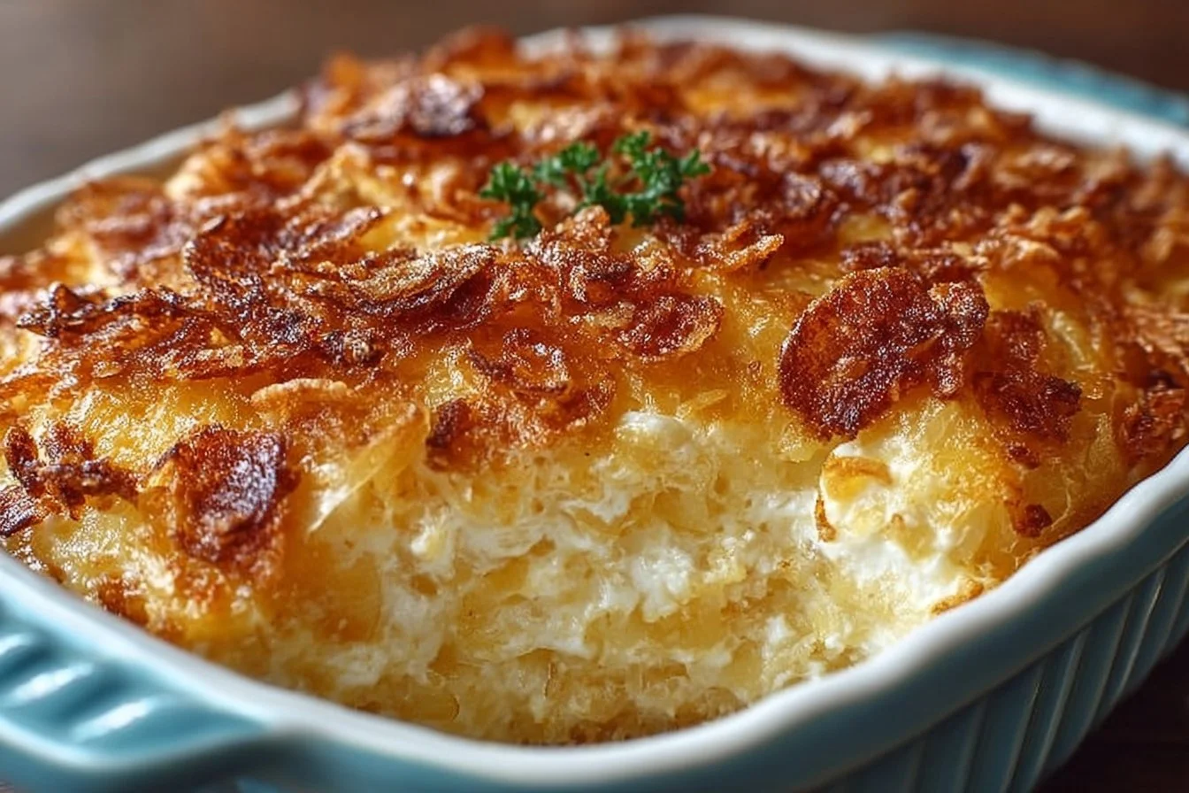 Delicious Southern Sweet Onion Casserole served in a rustic dish