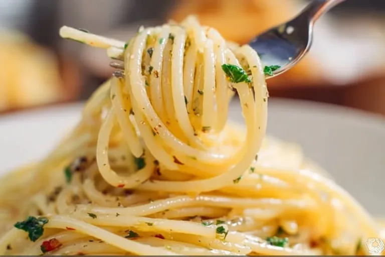 Delicious spaghetti with garlic and oil served in a bowl