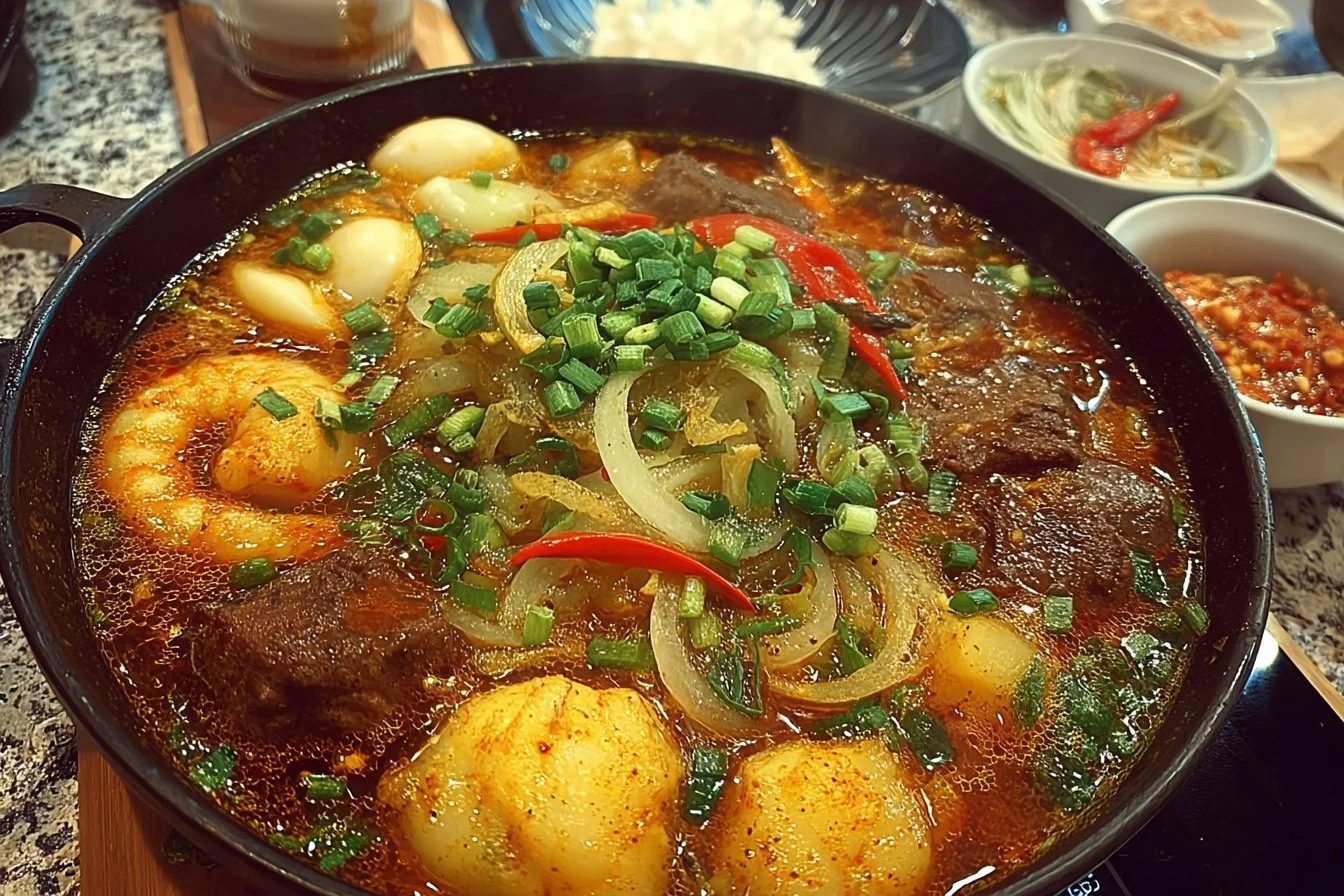 Spicy hot pot with colorful ingredients simmering in a flavorful broth.