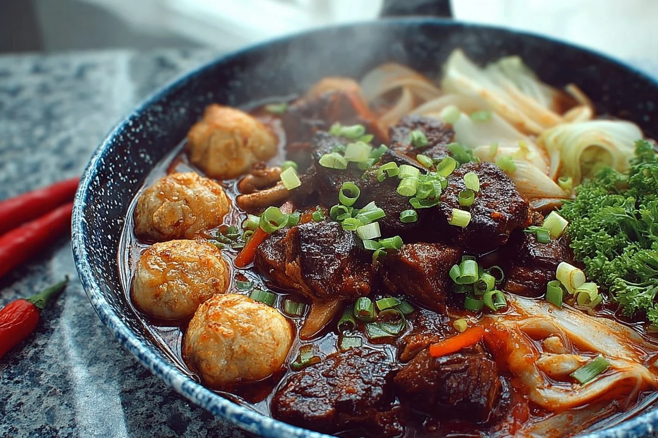 Bowl of spicy noodle soup garnished with fresh herbs and chili peppers