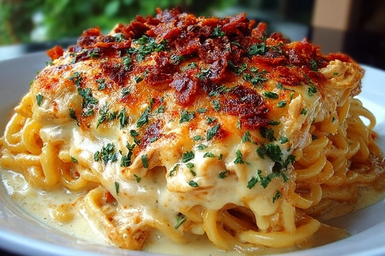 Spicy Southern cheesy chicken spaghetti casserole topped with melted cheese.