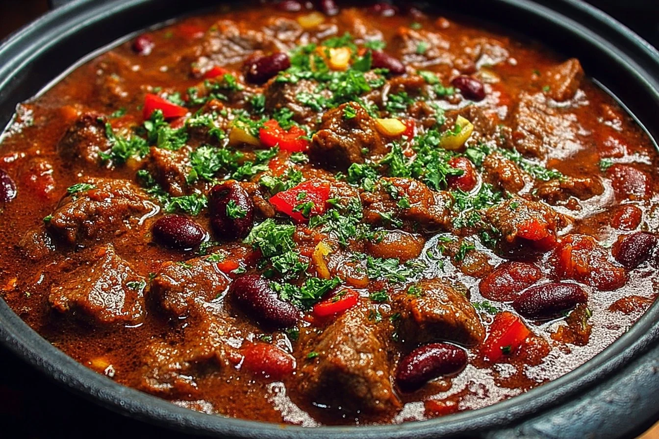Bowl of spicy steak chili topped with fresh cilantro and cheese