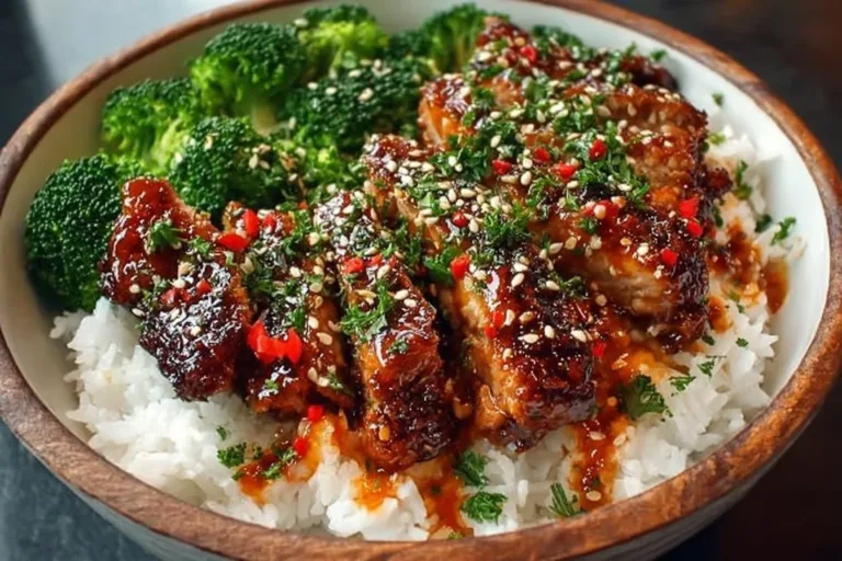 Delicious sticky chicken rice bowls with vibrant vegetables and aromatic herbs.