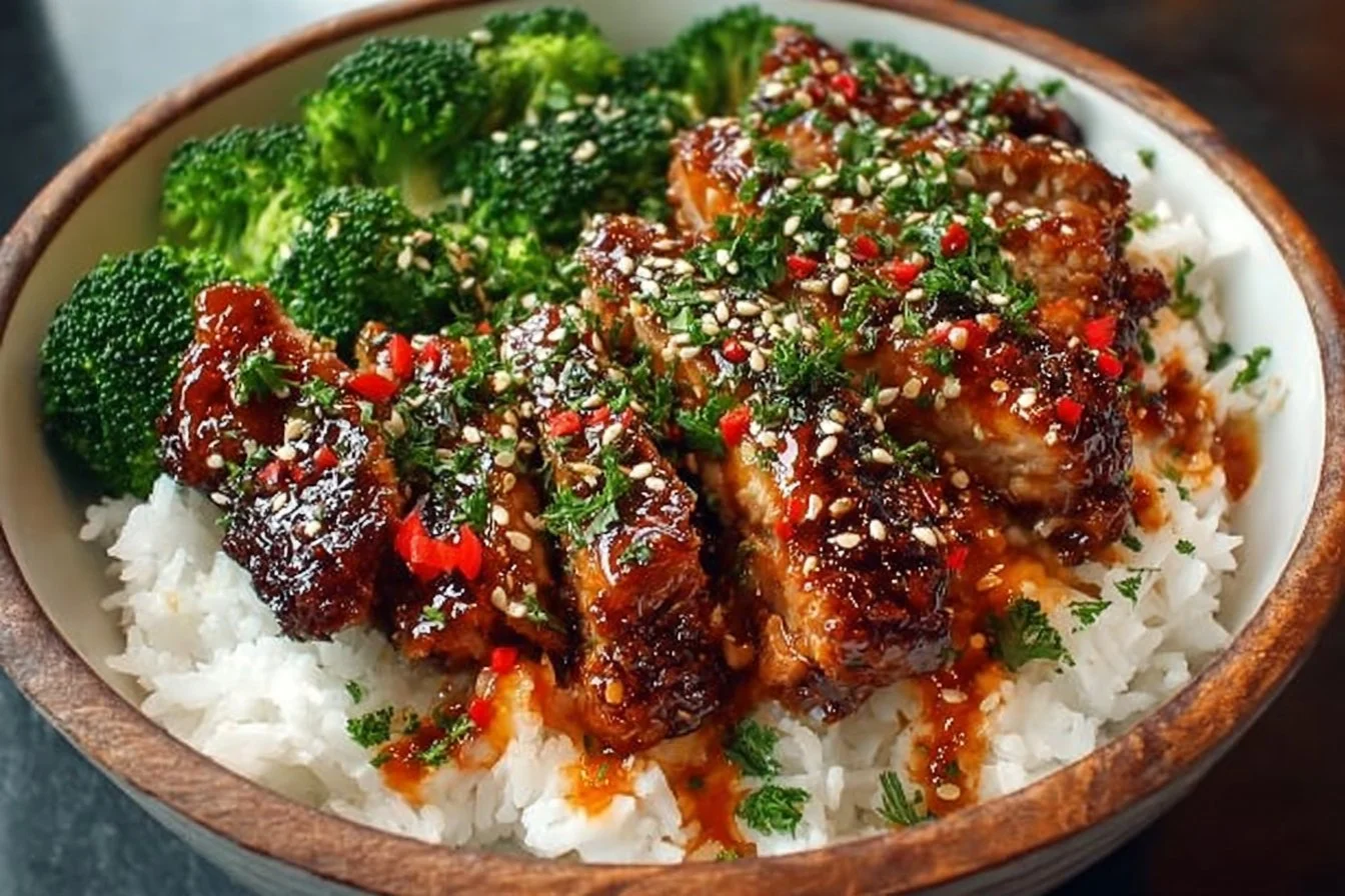 Delicious sticky chicken rice bowls with vibrant vegetables and aromatic herbs.