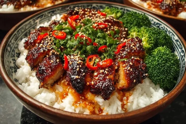Sticky Chicken Rice Bowls topped with fresh herbs and served in a bowl.