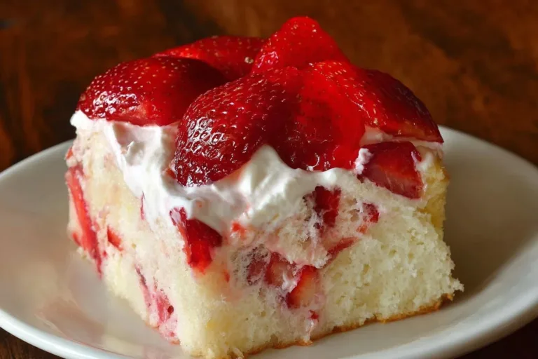 A delicious slice of Strawberry Earthquake Cake topped with fresh strawberries and cream.