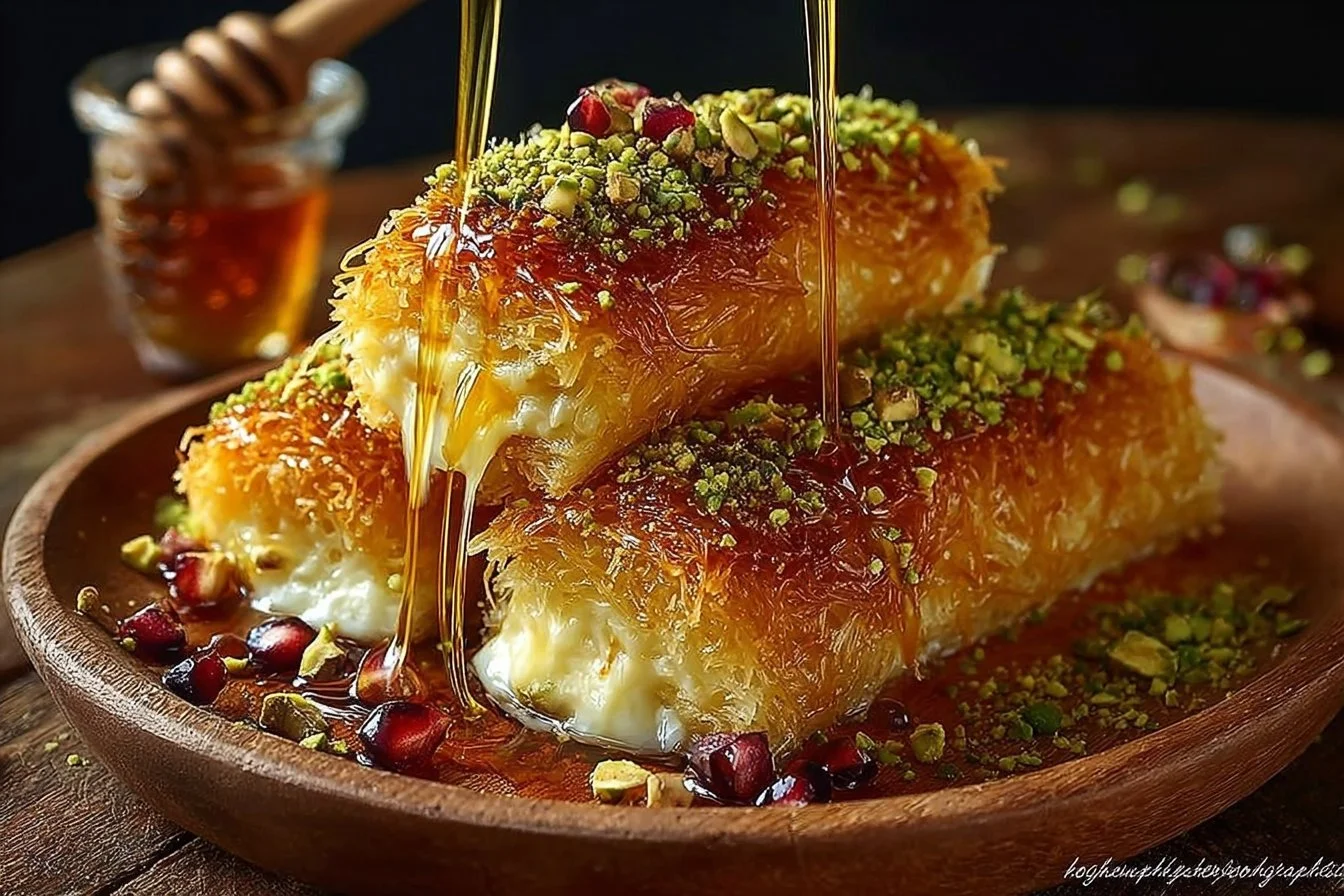 Delicious stretchy cheese kunafa rolls served on a plate