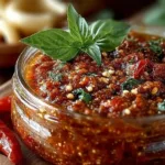 Delicious sun dried tomato pesto served in a bowl with fresh ingredients.