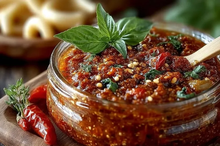 Delicious sun dried tomato pesto served in a bowl with fresh ingredients.