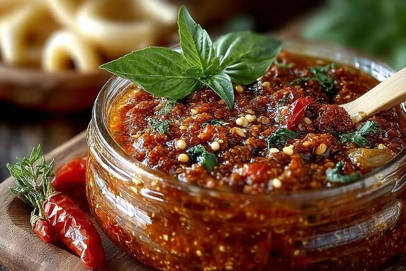 Delicious sun dried tomato pesto served in a bowl with fresh ingredients.