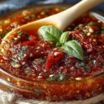 Homemade Sun Dried Tomato Pesto Sauce served in a bowl with fresh basil