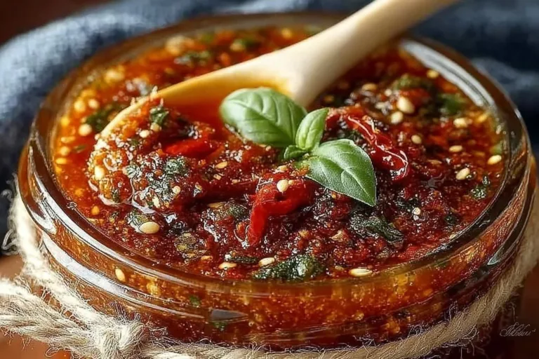 Homemade Sun Dried Tomato Pesto Sauce served in a bowl with fresh basil