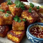Super crispy fried silken tofu served on a plate with dipping sauce.