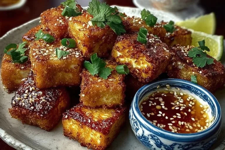 Super crispy fried silken tofu served on a plate with dipping sauce.