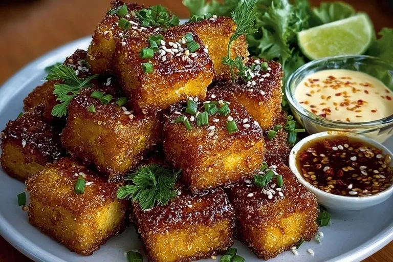 Crispy fried silken tofu served with dipping sauce and garnishes
