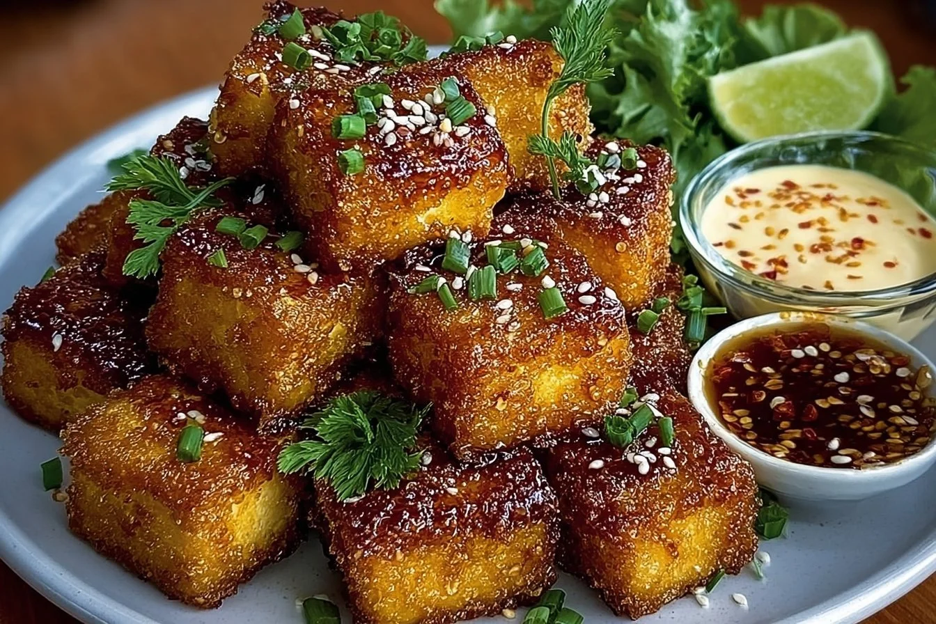 Crispy fried silken tofu served with dipping sauce and garnishes