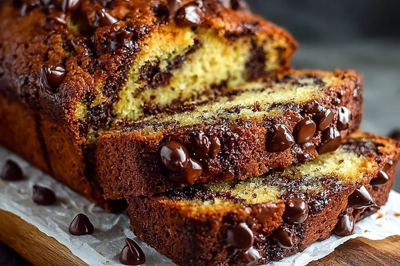A loaf of super moist chocolate chip banana bread with chocolate chips on top.