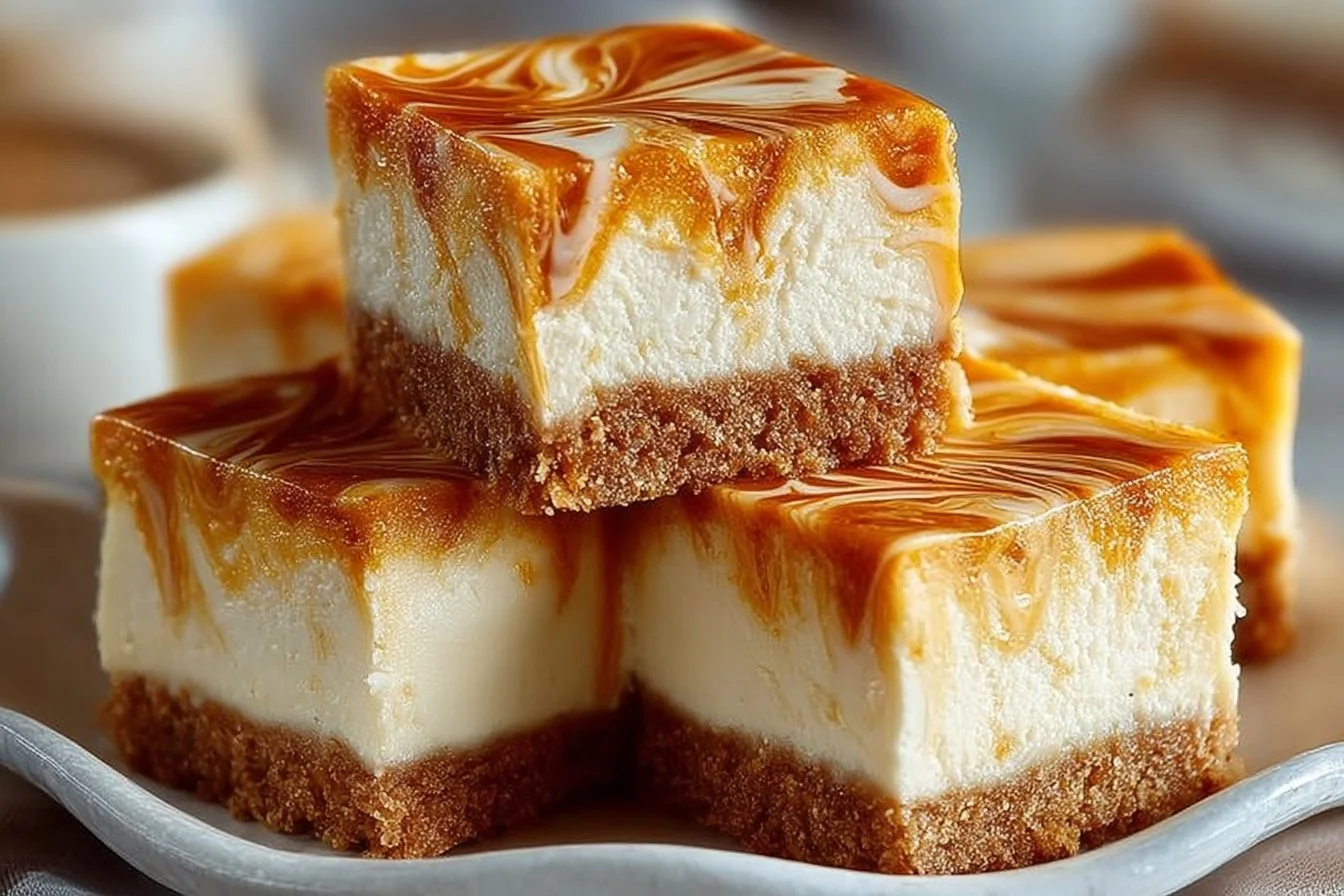 Delicious sweet potato cheesecake squares on a dessert plate.