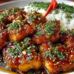Plate of sweet and savory honey garlic chicken garnished with sesame seeds