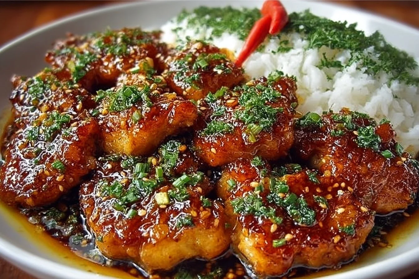 Plate of sweet and savory honey garlic chicken garnished with sesame seeds