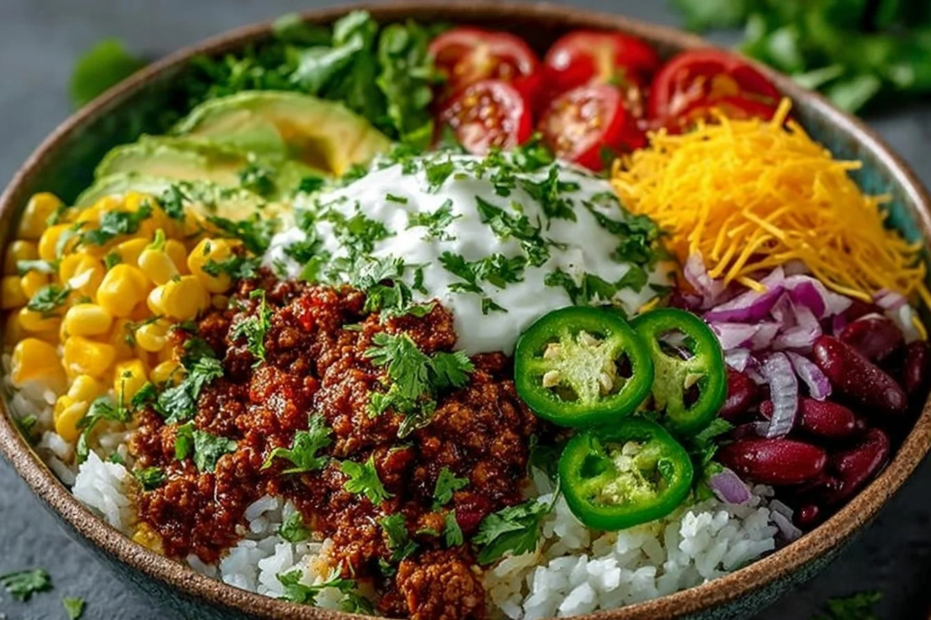 Delicious Taco Rice Bowl with fresh ingredients and vibrant toppings