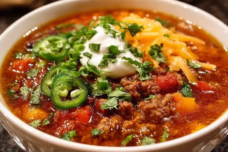 Heating a bowl of delicious taco soup with fresh toppings.