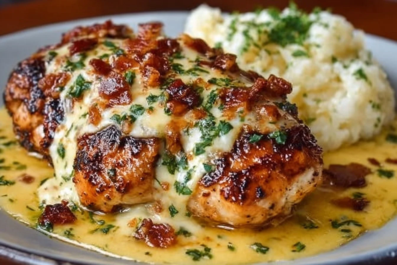 Texas Roadhouse Smothered Chicken topped with Jack cheese served on a plate