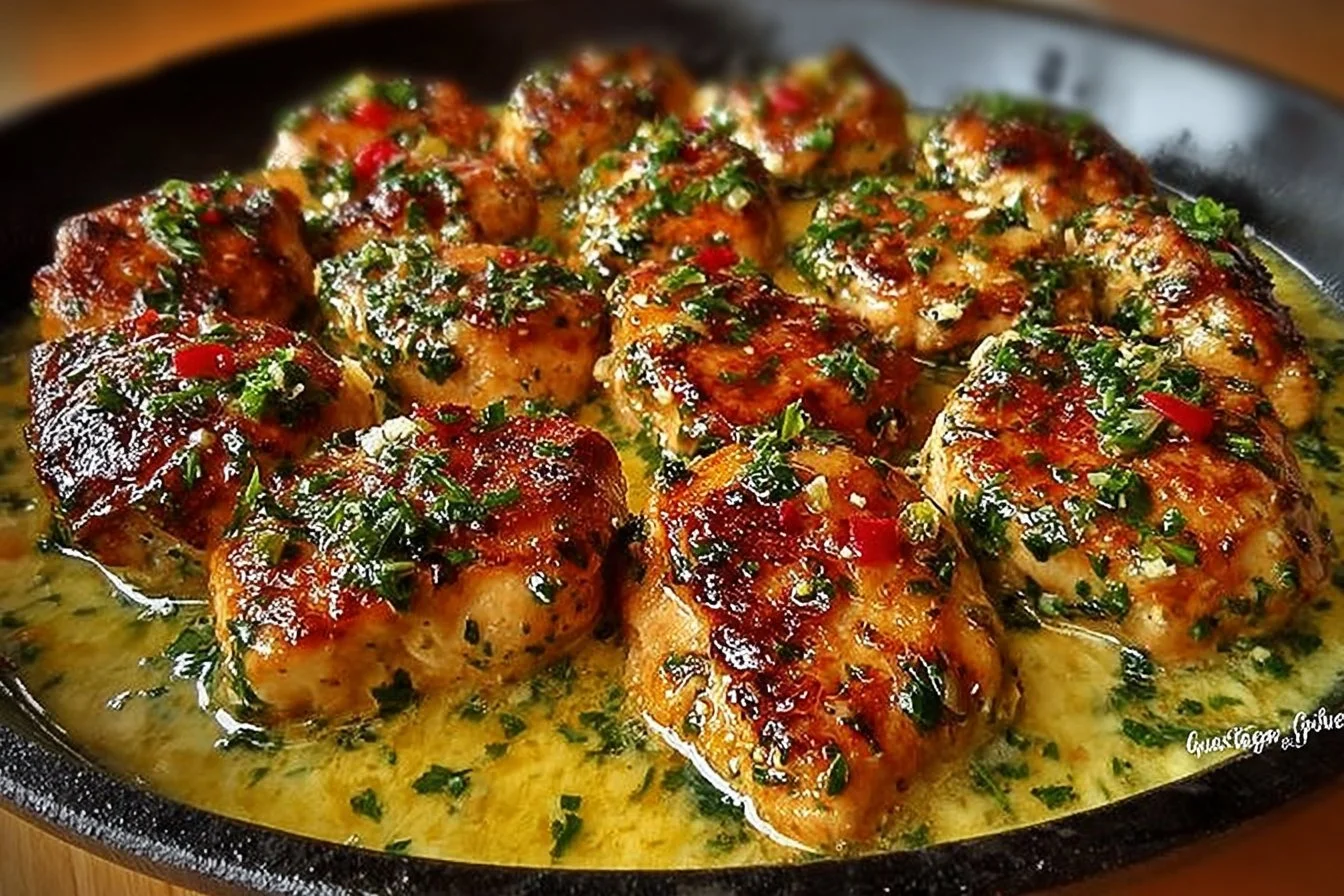 Skillet of Texas Roadhouse-style garlic butter chicken garnished with herbs