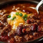 Bowl of the best chili recipe topped with fresh herbs and cheese
