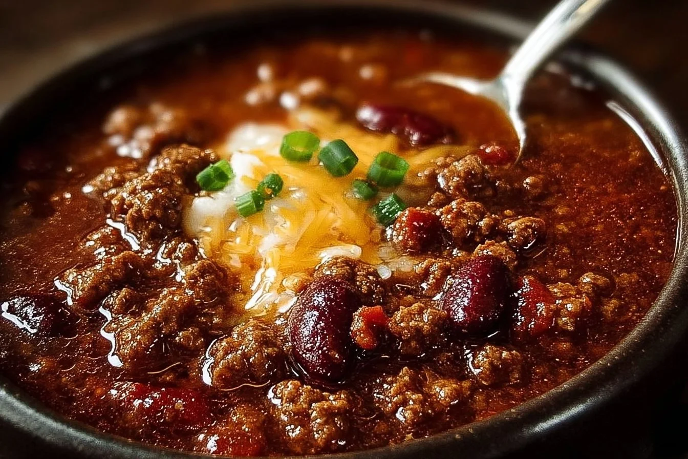 Bowl of the best chili recipe topped with fresh herbs and cheese
