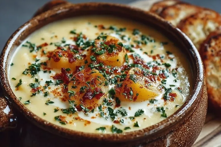 Bowl of creamy potato soup garnished with fresh herbs and served with bread.
