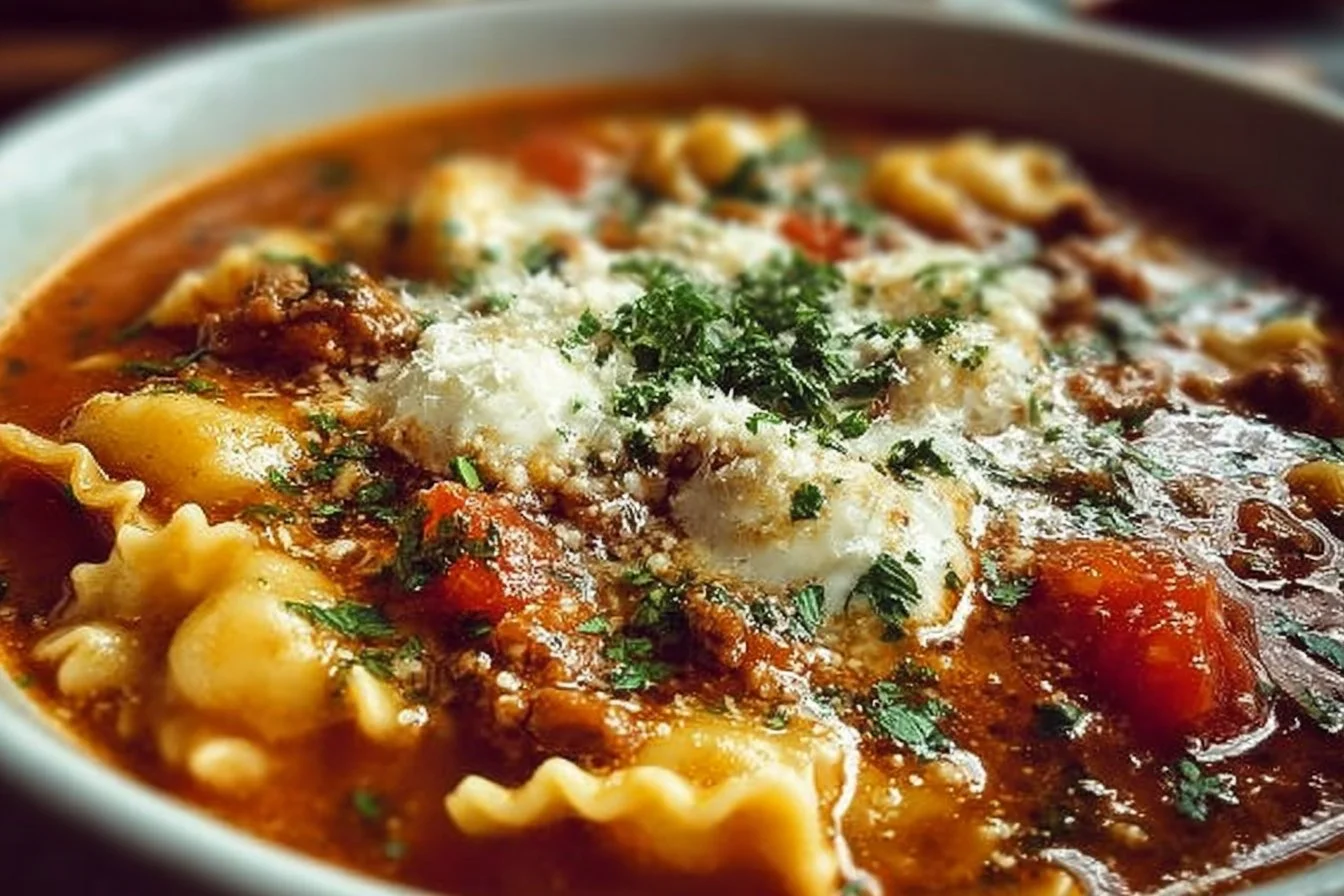 Bowl of delicious lasagna soup topped with cheese and herbs