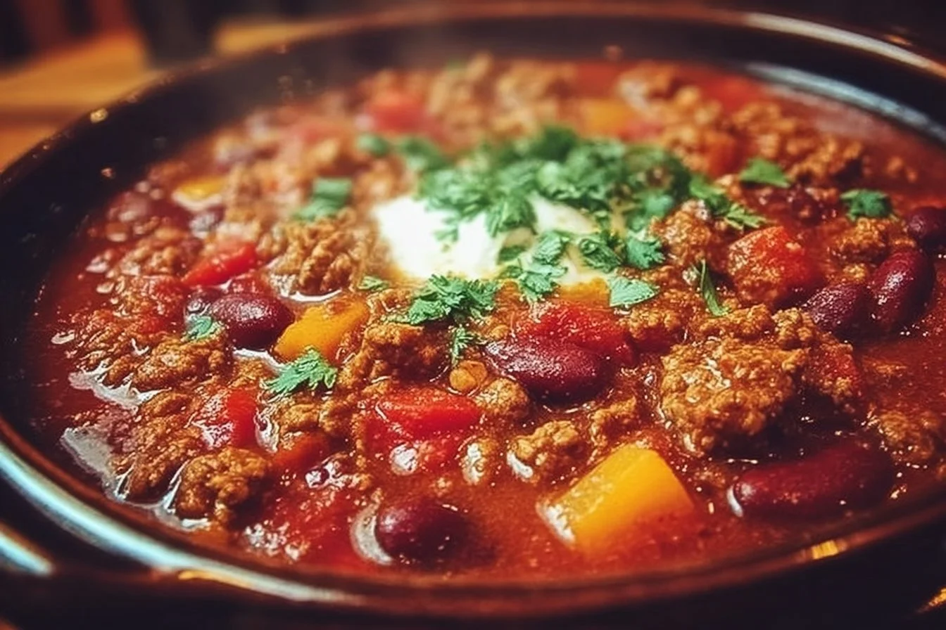 Plate of The Pioneer Woman's hearty chili with toppings