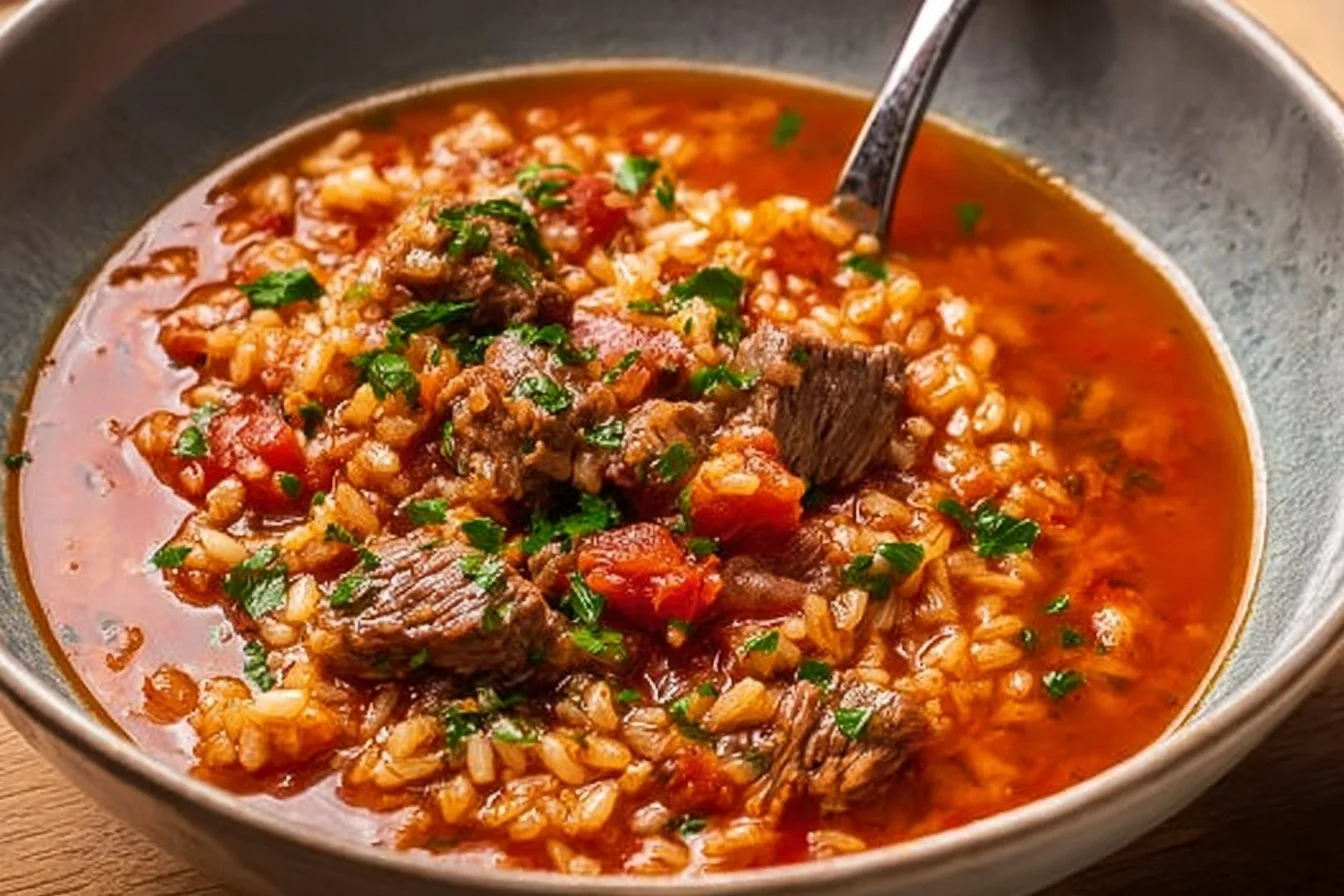 Delicious Tomato Rice Soup with tender beef and fresh vegetables served in a bowl.