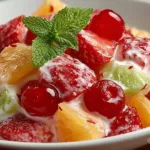Colorful tropical fruit salad with fresh pineapple, mango, and kiwi in a bowl