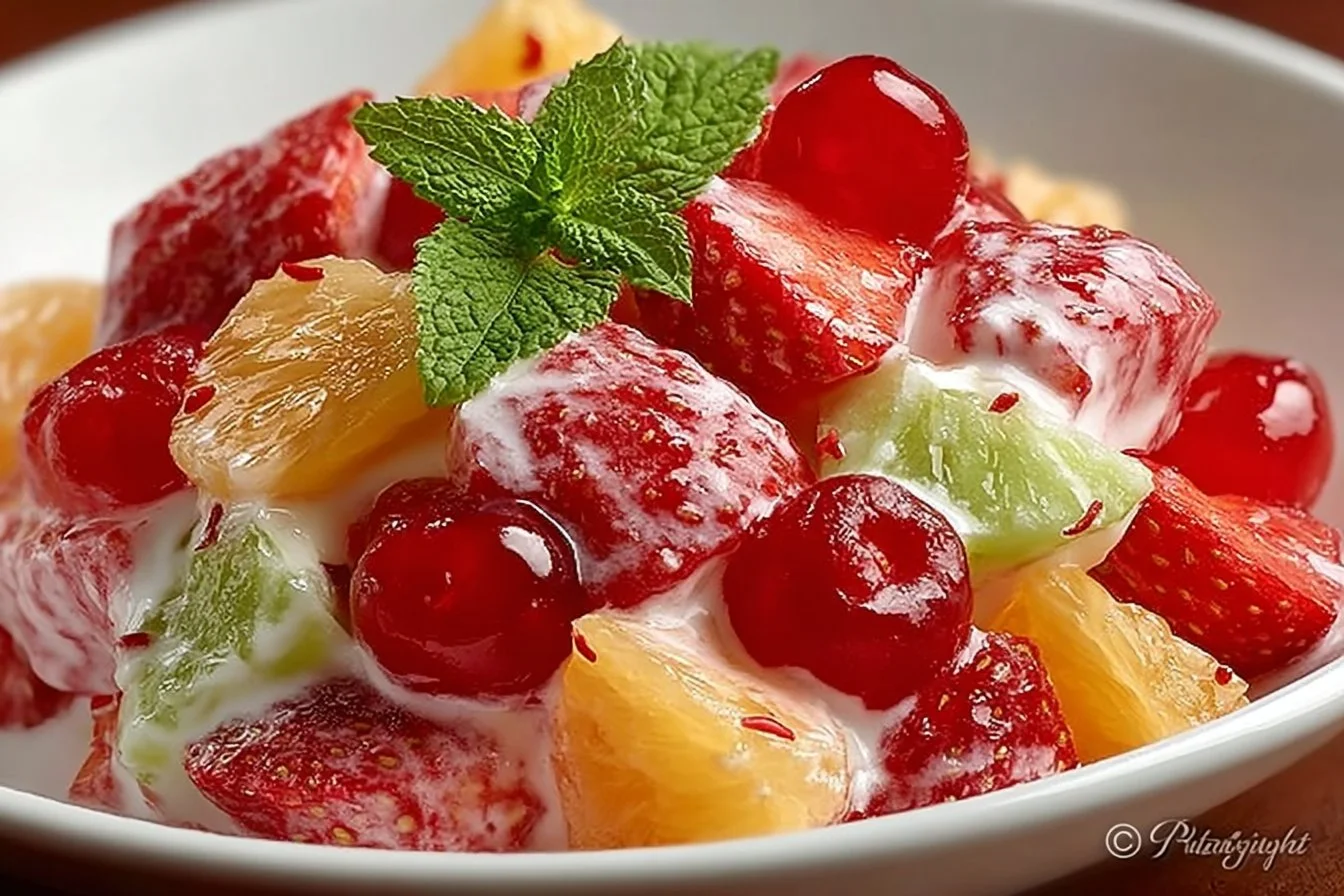 Colorful tropical fruit salad with fresh pineapple, mango, and kiwi in a bowl