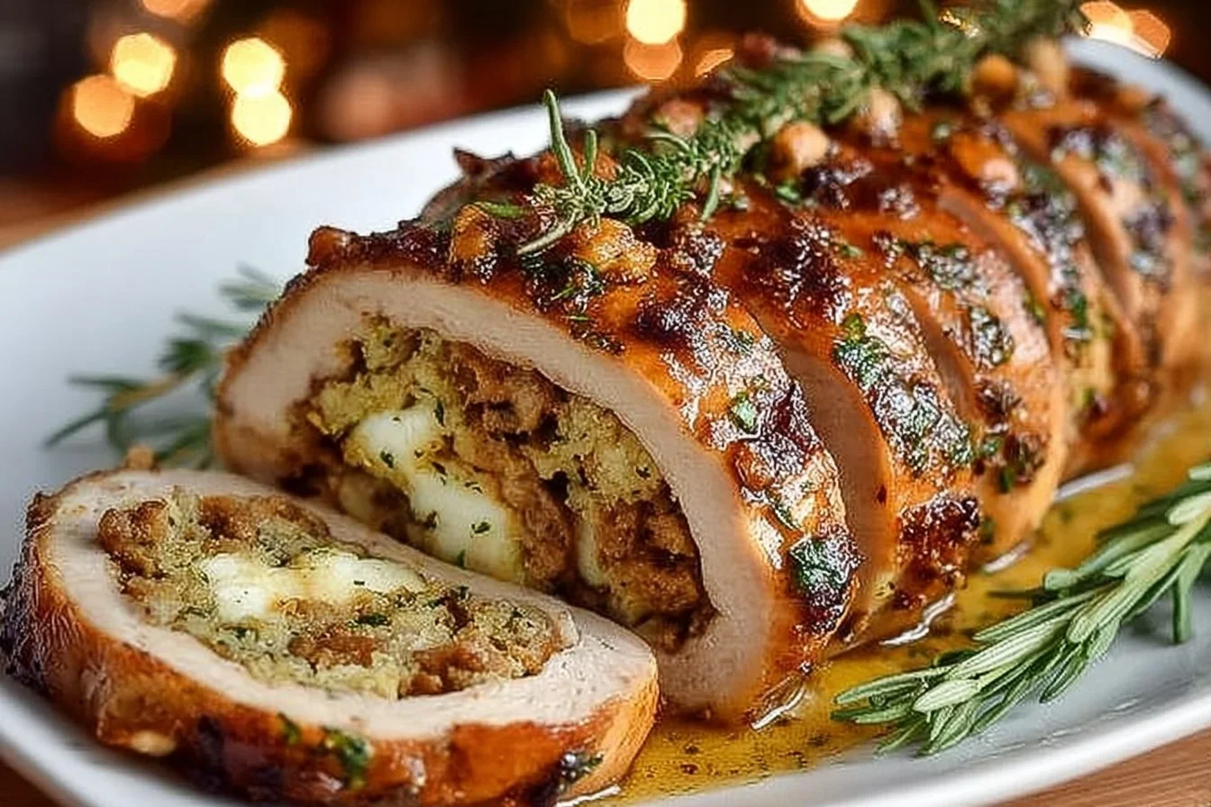 Turkey Roulade with Sausage Stuffing plated and garnished