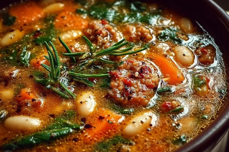 Bowl of Tuscan White Bean Soup garnished with herbs and served with crusty bread
