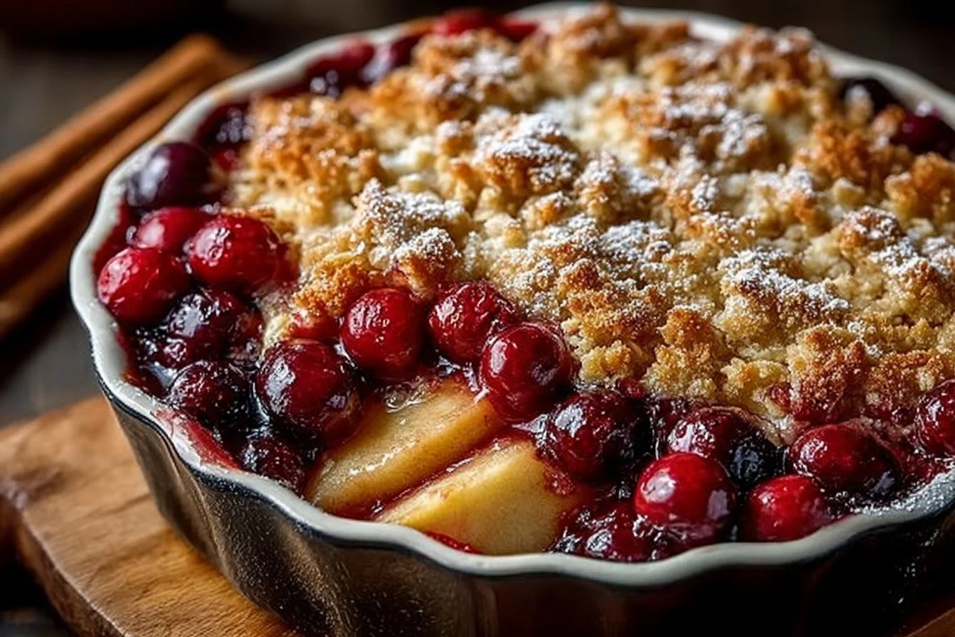 Delicious warm apple cranberry crisp dessert served in a bowl