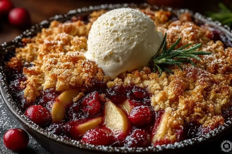Delicious warm apple cranberry crisp dessert with golden topping