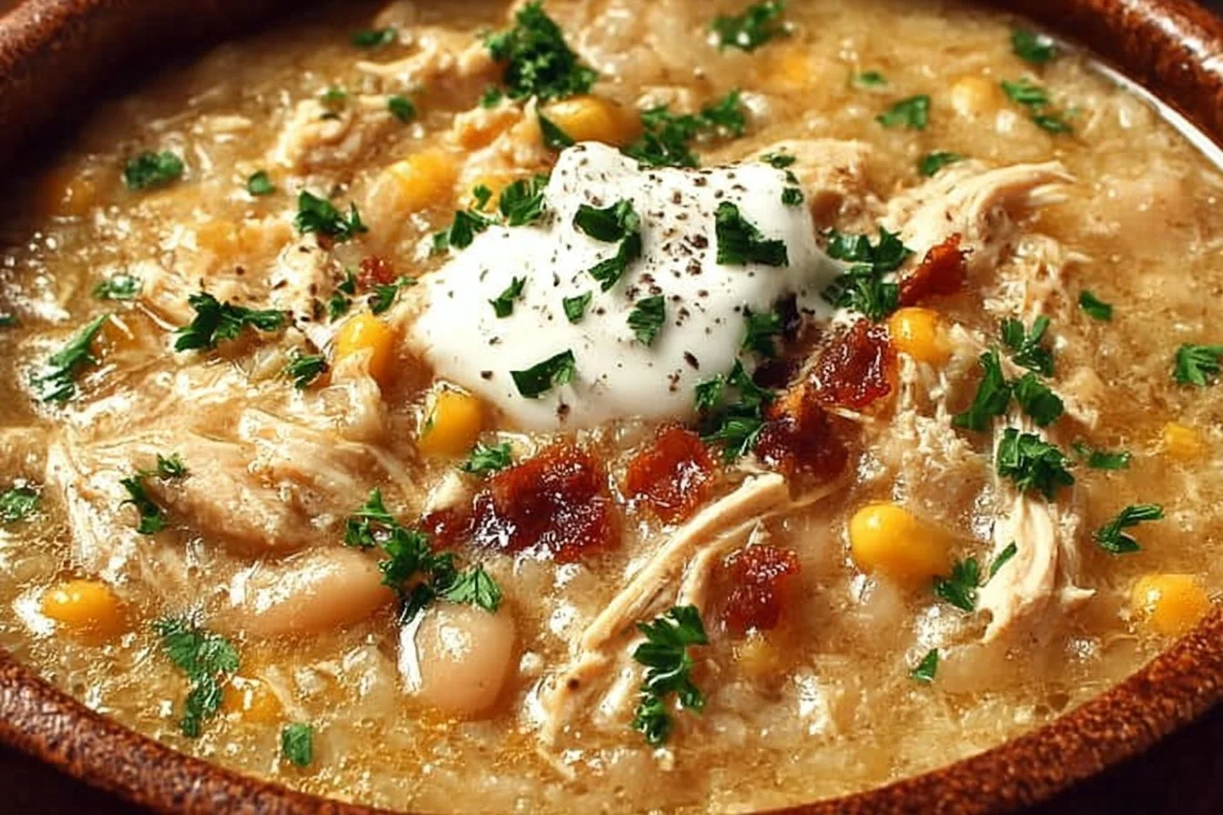 Bowl of delicious white chicken chili garnished with cilantro and lime.