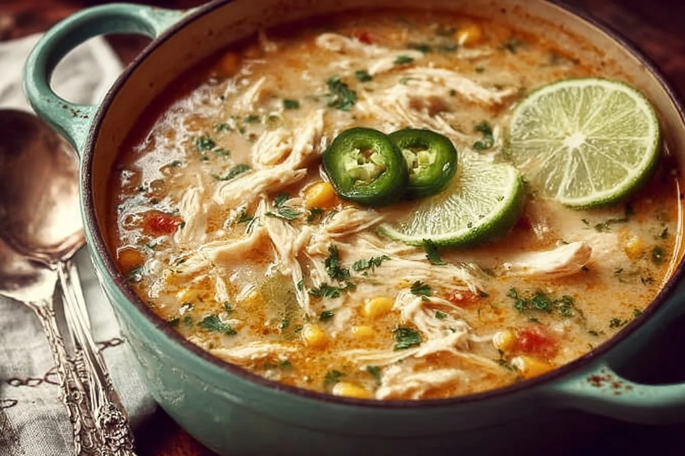 Creamy White Chicken Chili served in a bowl with toppings