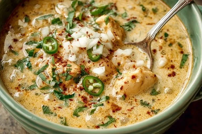 A bowl of creamy white chili garnished with cilantro and jalapeños.